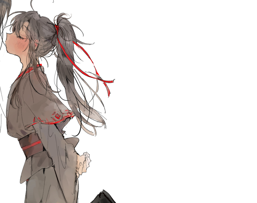 2boys, ahoge, androgynous, arms_behind_back, black_boots, black_hair, black_hanfu, blush