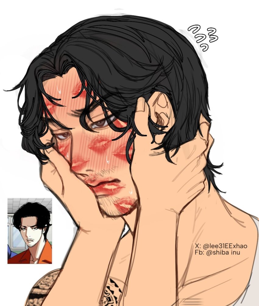 1boy, beard_stubble, black_hair, blush, brown_eyes, closed_mouth, facial_hair, hand_on_another's_face