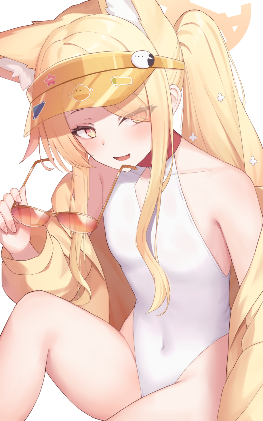 1girl, animal_ear_fluff, animal_ears, bare_shoulders, blonde_hair, blue_archive, blush, covered_navel