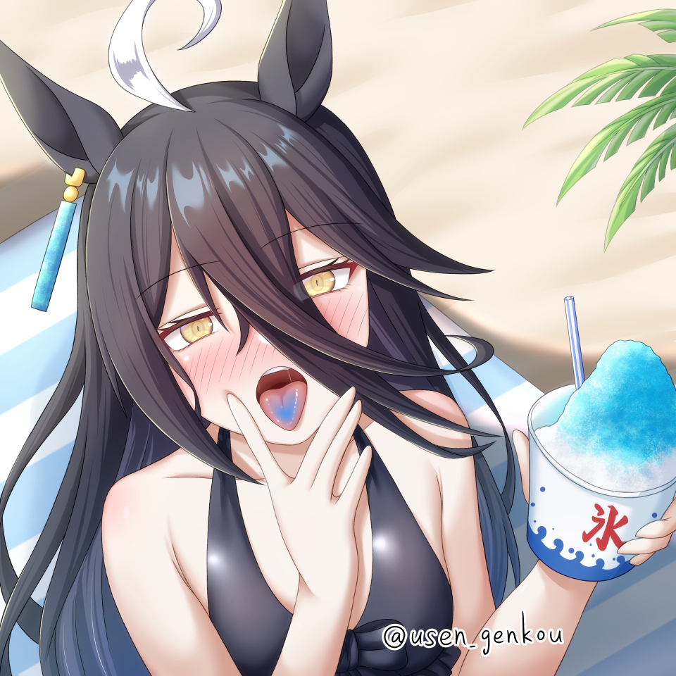 1girl, ahoge, alternate_costume, animal_ears, bare_arms, bare_shoulders, bikini, black_bikini