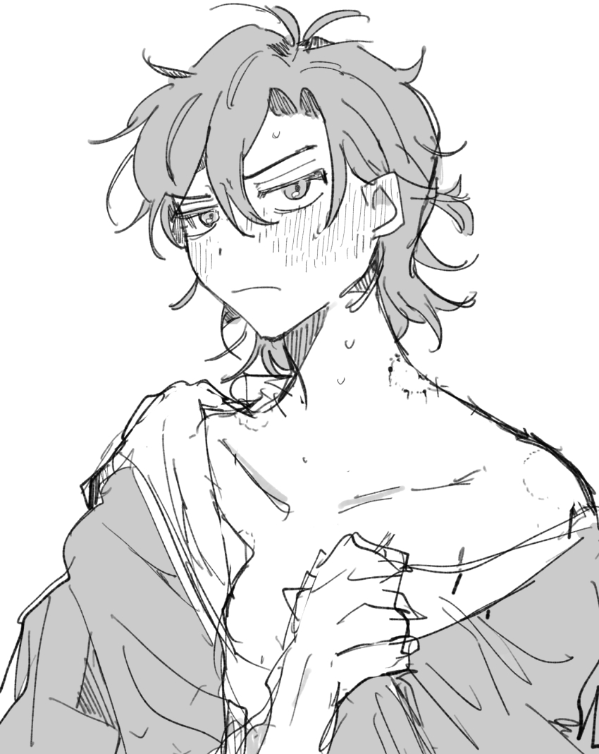 1boy, antenna_hair, bare_shoulders, bite_mark, blush, cheng_xiaoshi, closed_mouth, clothes_grab