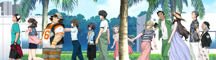 5boys, 6+girls, absurdres, adam's_apple, arms_behind_back, baseball_cap, beard_stubble, belt