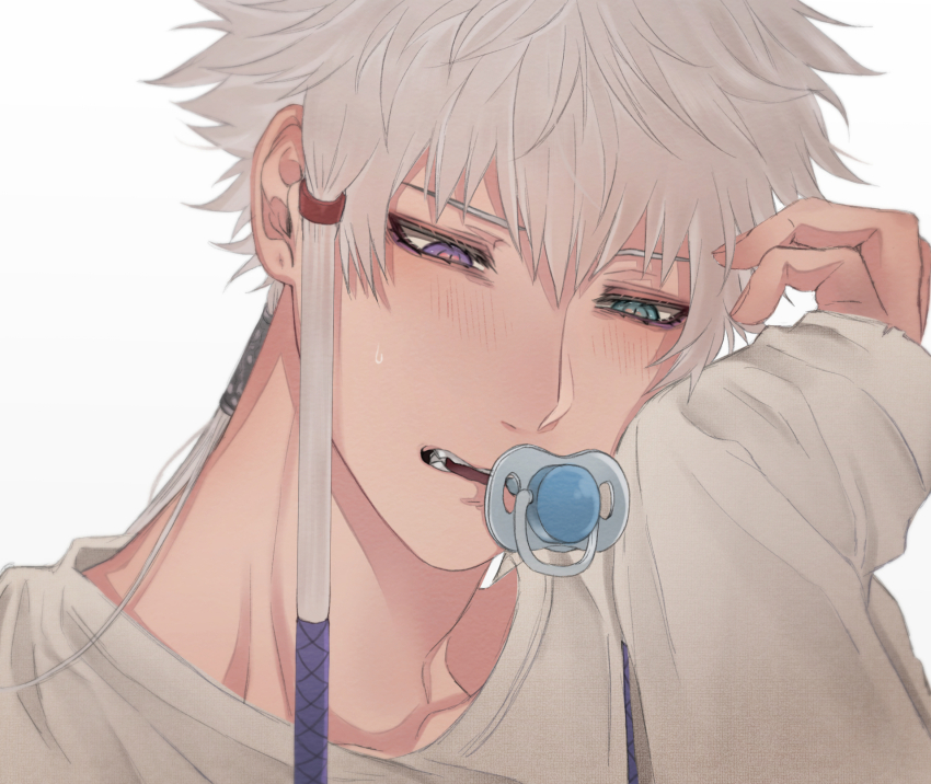 1boy, aqua_eyes, blush, collarbone, commentary_request, hair_between_eyes, hair_tubes, hand_up