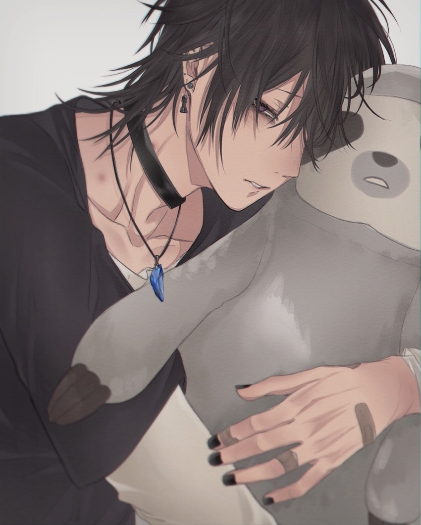 1boy, bandaid, bandaid_on_finger, bandaid_on_hand, black_choker, black_hair, black_nails, black_sweater, blue_gem, chess_piece, chess_piece_earrings, choker, collarbone, commentary_request, earrings, gem, grey_background, grey_hair, hair_over_one_eye, highres, jewelry, long_sleeves, looking_at_viewer, male_focus, munimuni_muniwo, nail_polish, necklace, one_eye_covered, original, parted_lips, pawn_(chess), shirt, short_hair, solo, stuffed_sloth, sweater, upper_body, white_shirt