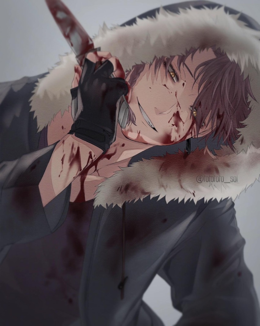 1boy, black_jacket, black_shirt, blood, blood_on_clothes, blood_on_face, bloody_knife, bloody_weapon, braid, braided_sidelock, brown_hair, commentary_request, drawstring, fur-trimmed_hood, fur_trim, grin, highres, hood, hood_up, hooded_jacket, jacket, knife, looking_at_viewer, male_focus, munimuni_muniwo, open_clothes, open_jacket, original, shirt, single_sidelock, smile, solo, t-shirt, twitter_username, weapon, yellow_eyes