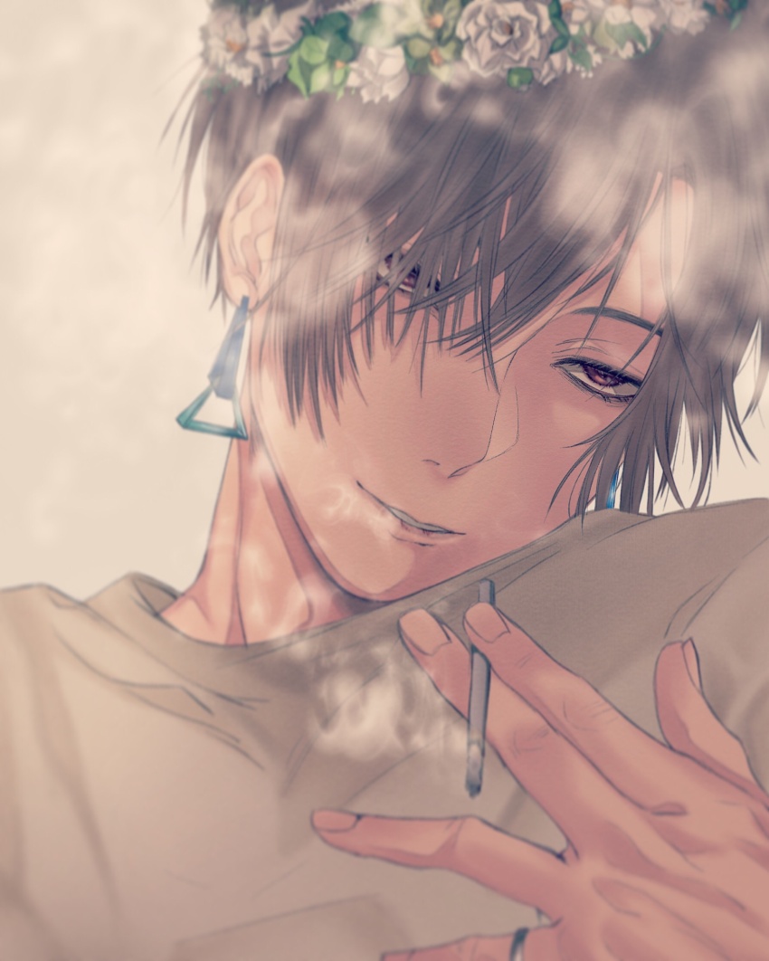 1boy, black_hair, cigarette, commentary_request, earrings, flower_wreath, grey_shirt, hair_over_one_eye
