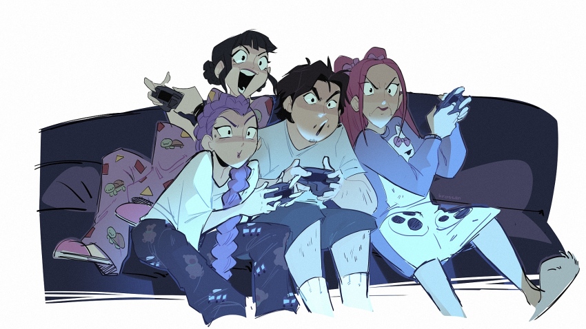 1boy, 3girls, black_hair, bobby_(kpop_demon_hunters), bow, braid, controller, couch, double_bun, facial_hair, game_controller, hair_bow, hair_bun, highres, huntr/x, kpop_demon_hunters, krossan, long_hair, mira_(kpop_demon_hunters), multiple_girls, open_mouth, pajamas, purple_hair, red_hair, rumi_(kpop_demon_hunters), shirt, single_braid, sitting, slippers, smile, t-shirt, twintails, two_side_up, zoey_(kpop_demon_hunters)