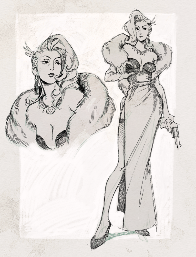 1girl, breasts, cleavage, crayfishkisser, deadlock_(game), dress, earrings, fur_scarf