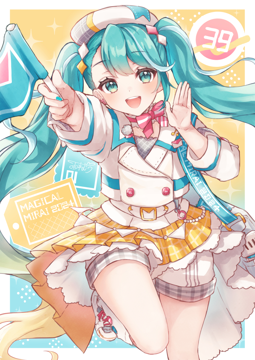 1girl, 39, absurdres, aqua_eyes, aqua_hair, aqua_nails, arm_up, belt