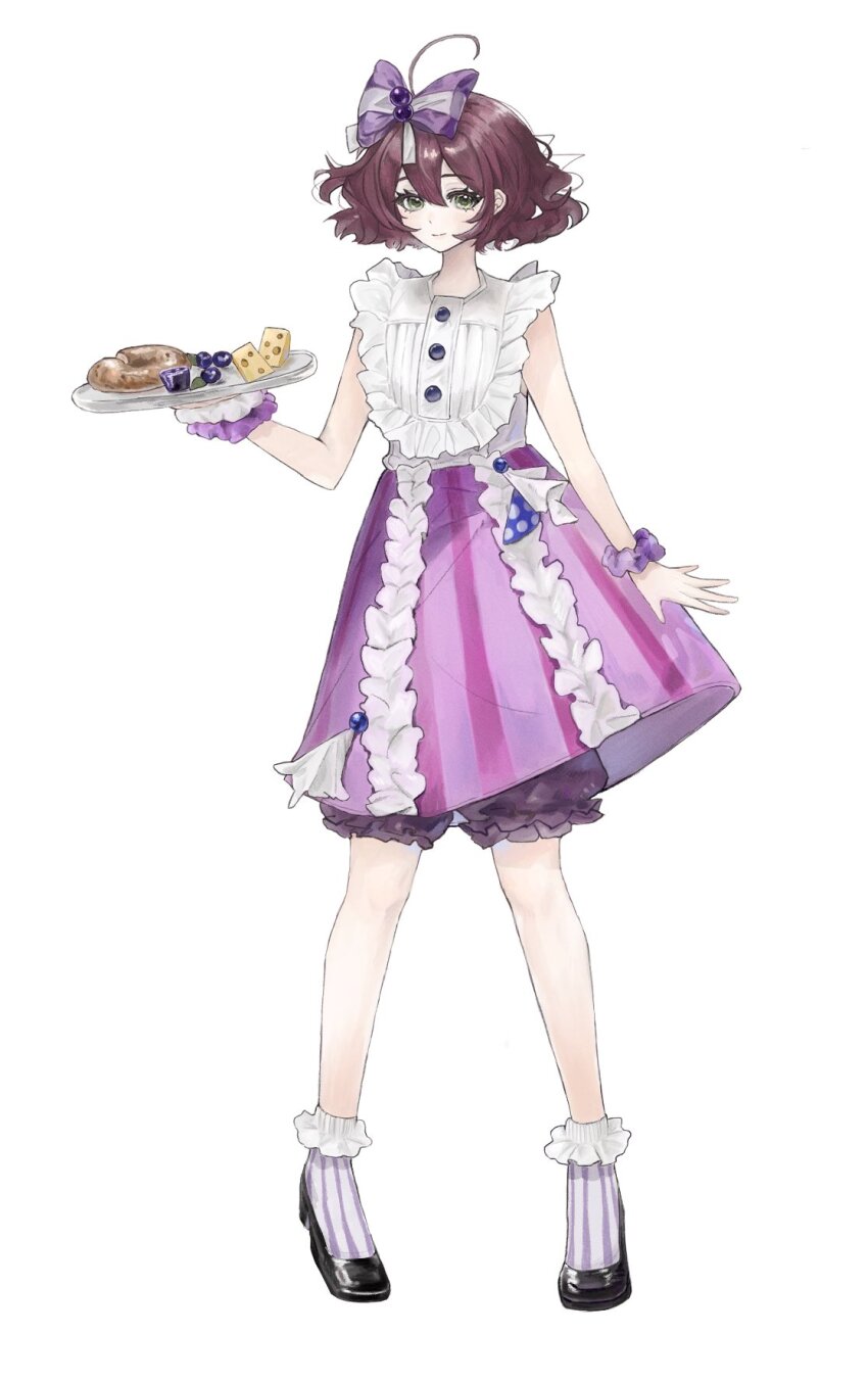 1girl, ahoge, beagle, black_shoes, blue_eyes, blueberry, bow, brown_hair, cheese, closed_mouth, flutterpage, flutterpage_(naisnow), food, frilled_shirt, frills, fruit, full_body, hair_bow, highres, holding, holding_plate, jam, legs_apart, medium_skirt, official_alternate_costume, plate, purple_bow, purple_shorts, purple_skirt, reverse:1999, ringo_(hyohaku), shirt, shoes, short_hair, shorts, shorts_under_skirt, skirt, smile, socks, solo, white_background, white_shirt, white_socks