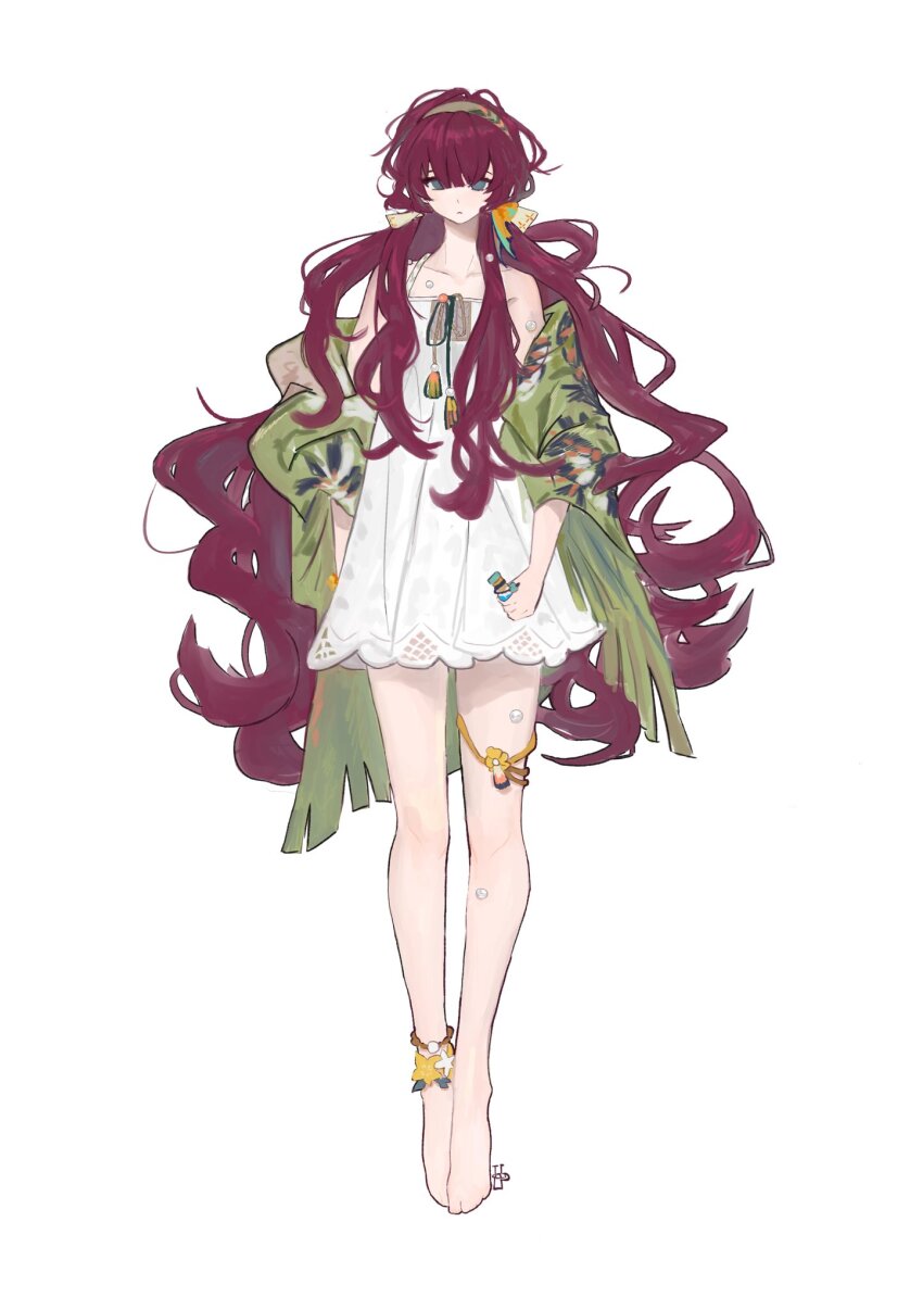 1girl, anklet, bare_shoulders, barefoot, blue_eyes, bottle, capelet, closed_mouth, dress, full_body, green_capelet, green_hairband, hairband, highres, holding, holding_bottle, jewelry, long_hair, low_twintails, official_alternate_costume, red_hair, reverse:1999, ringo_(hyohaku), short_dress, sleeveless, sleeveless_dress, solo, spaghetti_strap, standing, thigh_strap, twintails, very_long_hair, wavy_hair, white_background, white_dress, yenisei_(around_the_riverbend)_(reverse:1999), yenisei_(reverse:1999)