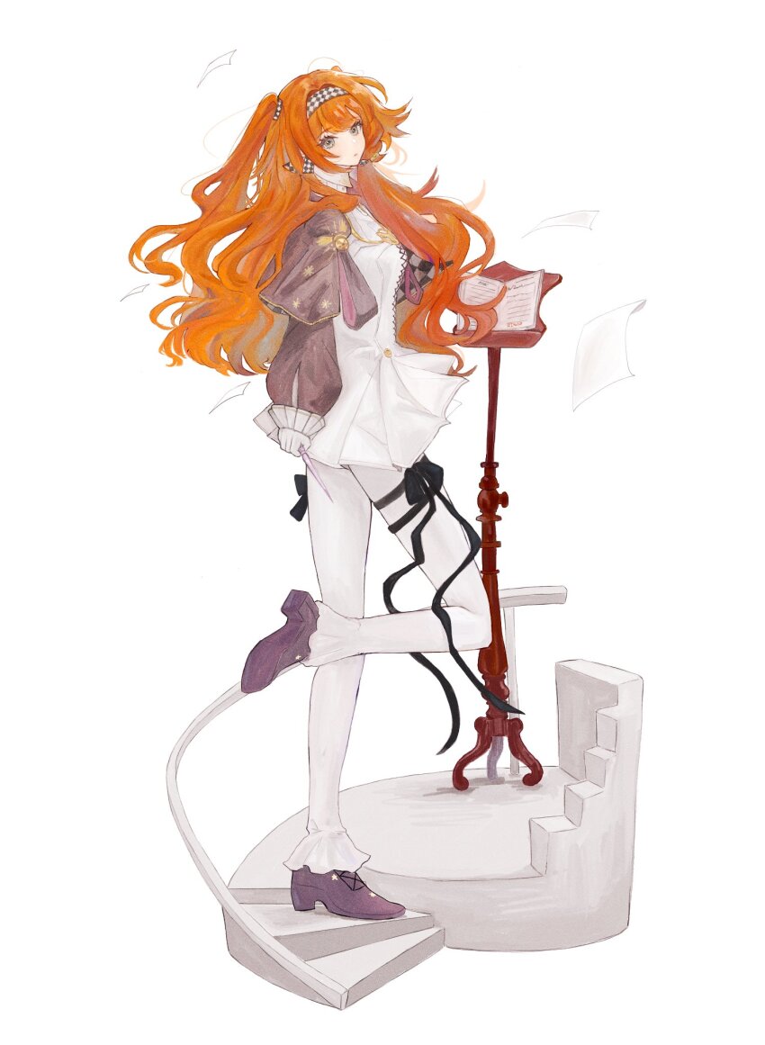 1girl, book, checkered_hairband, dress, from_side, full_body, glass_pen, gloves, green_eyes, grey_cloak, grey_shoes, grey_sleeves, hairband, high_collar, highres, holding, holding_pen, leg_up, looking_at_viewer, music_stand, open_book, orange_hair, pants, pants_under_dress, pen, reverse:1999, ringo_(hyohaku), shoes, short_dress, solo, sonetto_(reverse:1999), standing, standing_on_one_leg, two_side_up, white_background, white_dress, white_gloves, white_pants
