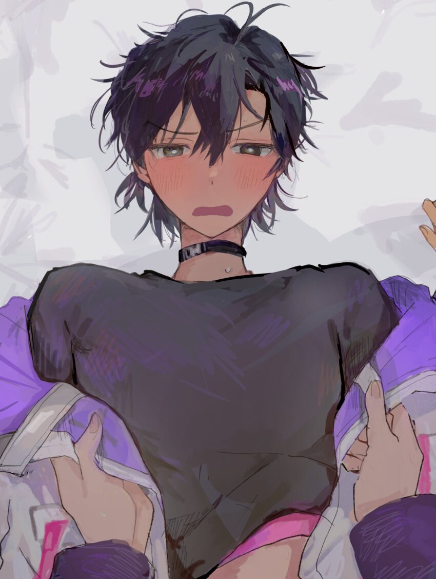 2boys, alternate_costume, antenna_hair, bed_sheet, black_choker, black_hair, black_shirt, blush, brown_eyes, cheng_xiaoshi, choker, clothes_lift, hair_between_eyes, highres, jacket, kapa_kun, lifting_another's_clothes, long_sleeves, looking_at_viewer, lying, male_focus, multiple_boys, off_shoulder, on_back, on_bed, open_clothes, open_jacket, open_mouth, out_of_frame, ponytail, pov, pov_hands, shiguang_dailiren, shirt, shirt_lift, short_hair, short_ponytail, solo_focus, sweat, undressing, undressing_another, upper_body, white_jacket, yaoi