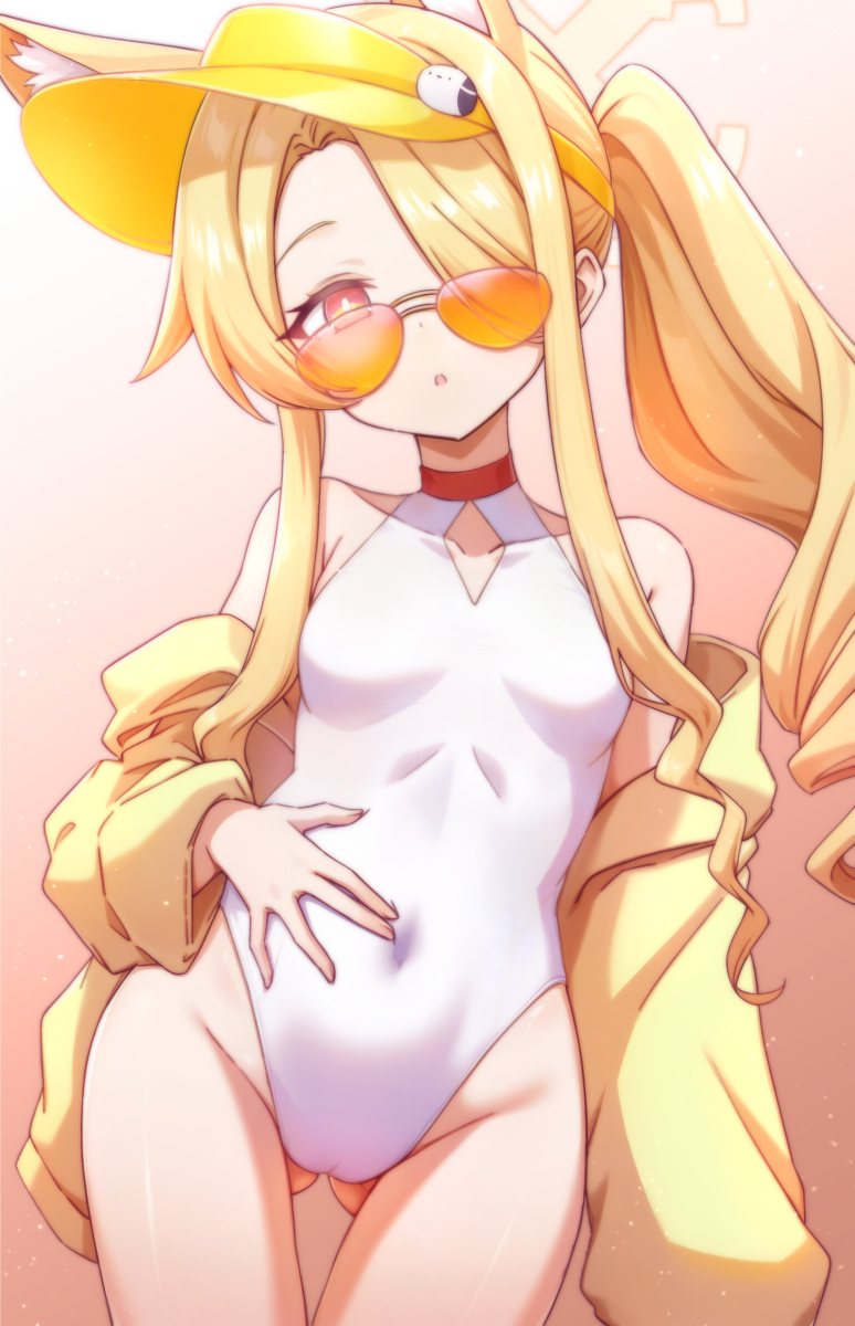 1girl, animal_ear_fluff, animal_ears, bare_shoulders, blonde_hair, blue_archive, breasts, covered_navel