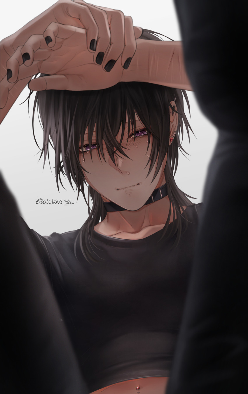 1boy, absurdres, black_hair, black_nails, black_pants, black_shirt, closed_mouth, commentary_request, hair_between_eyes, highres, long_hair, looking_at_viewer, male_focus, munimuni_muniwo, nail_polish, navel, original, pants, purple_eyes, shirt, simple_background, solo, tearing_up, twitter_username, white_background, wrist_cutting