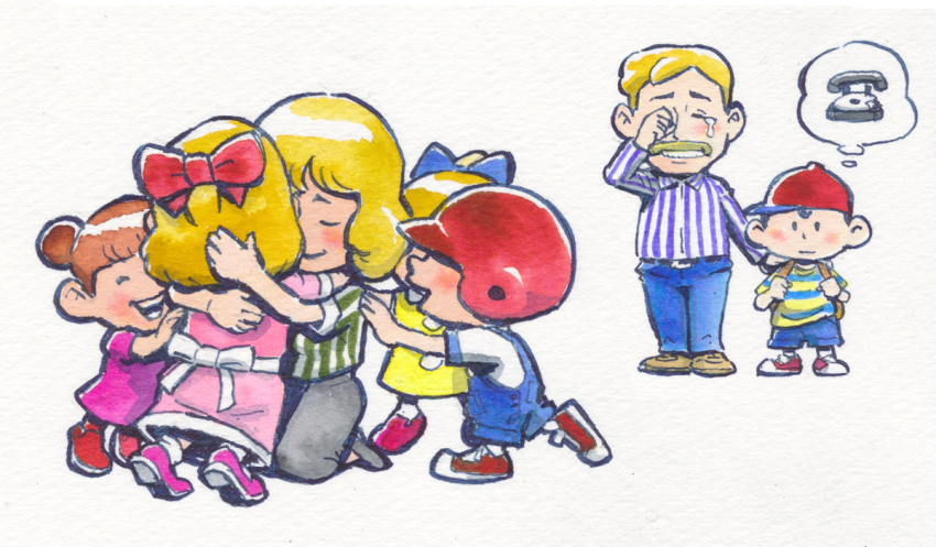 3boys, 4girls, akahanadragon, back_bow, baseball_cap, baseball_helmet, blonde_hair, bow