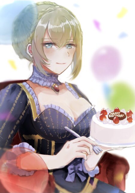 1girl, blue_dress, breasts, cake, cleavage, dress, food, grimms_notes