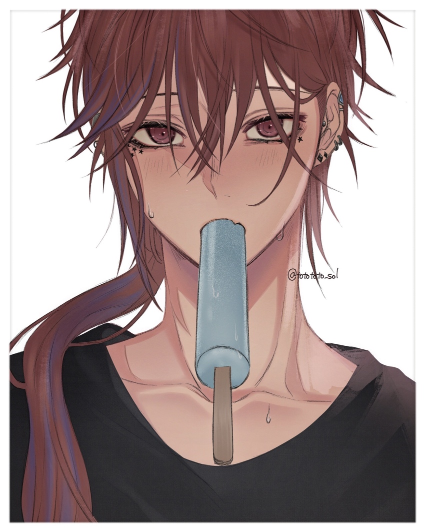 1boy, black_shirt, border, collarbone, commentary_request, ear_piercing, fang, food
