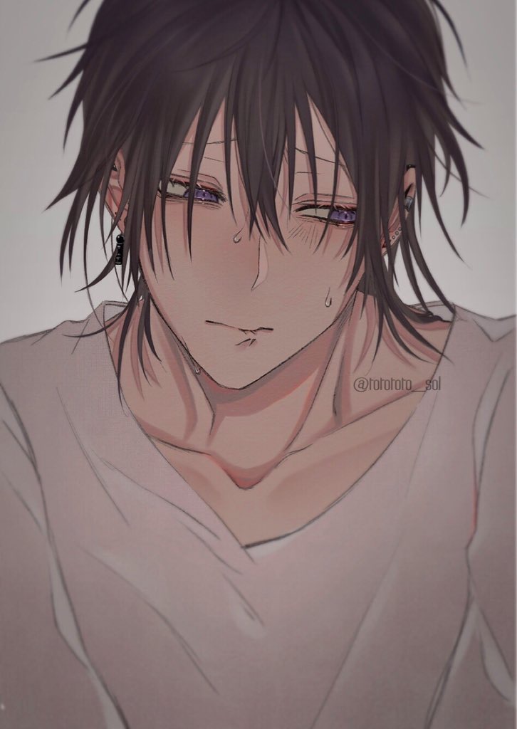 1boy, blush, brown_hair, closed_mouth, collarbone, commentary_request, ear_piercing, grey_background