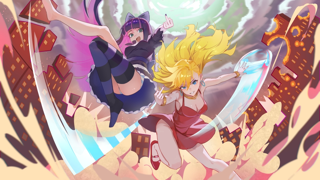 2girls, black_dress, black_thighhighs, blonde_hair, blue_eyes, blue_panties, bow, bracelet, breasts, building, cleavage, cloud, colored_inner_hair, commentary, dress, dust_cloud, earrings, english_commentary, gothic_lolita, green_eyes, grin, gun, holding, holding_gun, holding_sword, holding_weapon, hoop_earrings, jewelry, lolita_fashion, long_hair, looking_at_viewer, medium_breasts, middle_finger, multicolored_hair, multicolored_sky, multiple_girls, mune_yin'an_hua_hua_de, open_mouth, panties, panty_&amp;_stocking_with_garterbelt, panty_(psg), pink_hair, purple_bow, purple_hair, purple_thighhighs, red_dress, red_shoes, shoes, siblings, sisters, sky, smile, stocking_(psg), striped_clothes, striped_panties, striped_thighhighs, sword, thighhighs, thighs, underwear, weapon, white_panties