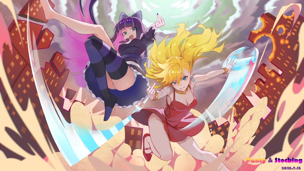 2girls, black_dress, black_thighhighs, blonde_hair, blue_eyes, blue_panties, bow, bracelet, breasts, building, cleavage, cloud, colored_inner_hair, commentary, copyright_name, dated, dress, dust_cloud, earrings, english_commentary, gothic_lolita, green_eyes, grin, gun, holding, holding_gun, holding_sword, holding_weapon, hoop_earrings, jewelry, lolita_fashion, long_hair, looking_at_viewer, medium_breasts, middle_finger, multicolored_hair, multicolored_sky, multiple_girls, mune_yin'an_hua_hua_de, open_mouth, panties, panty_&amp;_stocking_with_garterbelt, panty_(psg), pink_hair, purple_bow, purple_hair, purple_thighhighs, red_dress, red_shoes, shoes, siblings, sisters, sky, smile, stocking_(psg), striped_clothes, striped_panties, striped_thighhighs, sword, thighhighs, thighs, underwear, weapon, white_panties