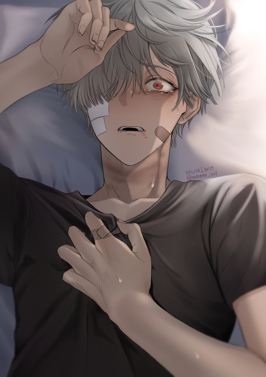 1boy, absurdres, artist_name, bandaid, bandaid_on_cheek, bandaid_on_face, bandaid_on_finger, bandaid_on_hand