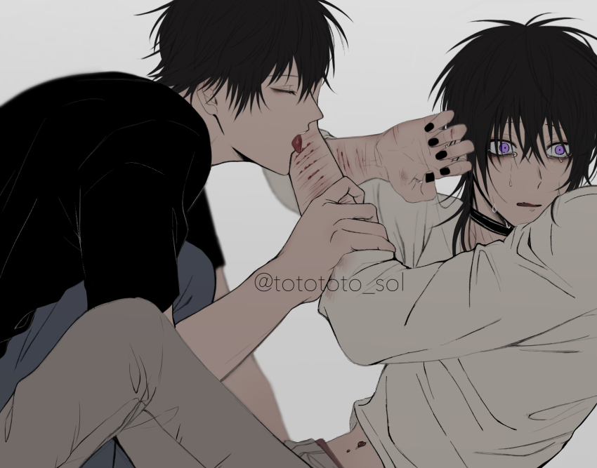 2boys, black_choker, black_hair, black_nails, black_shirt, choker, commentary_request, hair_between_eyes