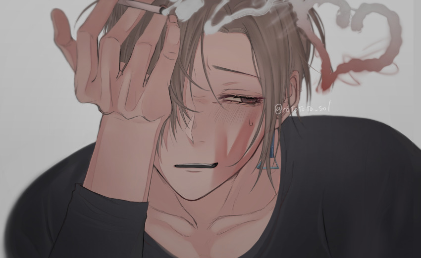 1boy, absurdres, black_shirt, blonde_hair, cigarette, collarbone, commentary_request, earrings