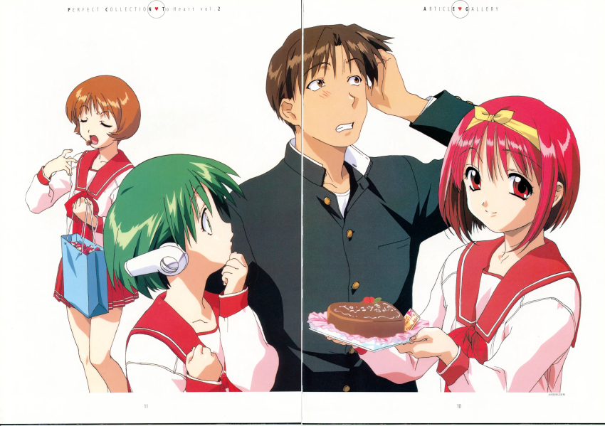 1boy, 3girls, absurdres, bag, blush, brown_eyes, brown_hair, cake