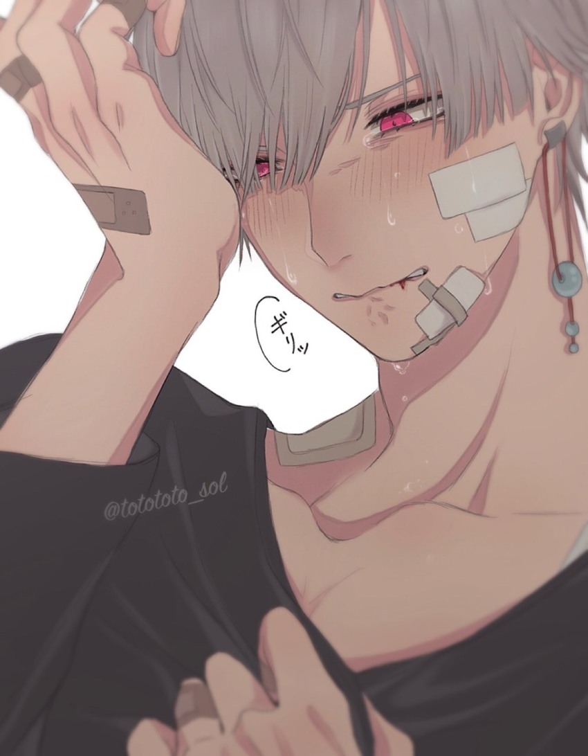1boy, bandaid, bandaid_on_cheek, bandaid_on_face, bandaid_on_hand, black_shirt, blush, commentary_request