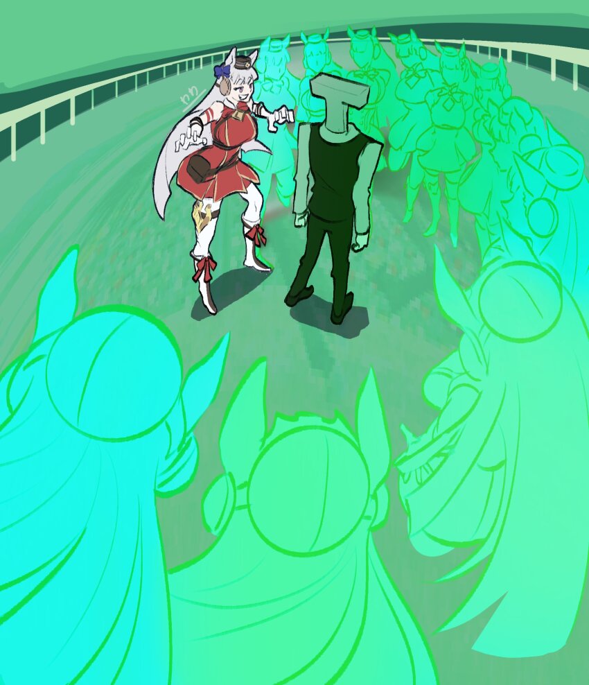 1boy, 1girl, afterimage, animal_ears, black_pants, boots, bow, breasts, clenched_teeth, cyberpunk:_edgerunners, cyberpunk_(series), dress, ear_bow, gloves, gold_ship_(red_strife)_(umamusume), gold_ship_(umamusume), green_background, grey_hair, grin, highres, horse_ears, horse_girl, large_breasts, leggings, pants, pillbox_hat, red_dress, sandevistan, smile, teeth, trainer_(umamusume), umamusume, white_boots, white_gloves, white_leggings, ww_okonomiyaki