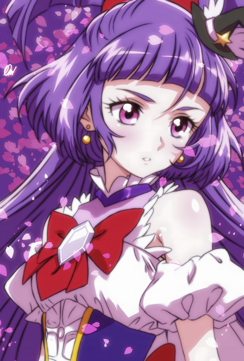 1girl, absurdres, arm_strap, black_hat, blunt_bangs, cherry_blossoms, cure_magical, earrings