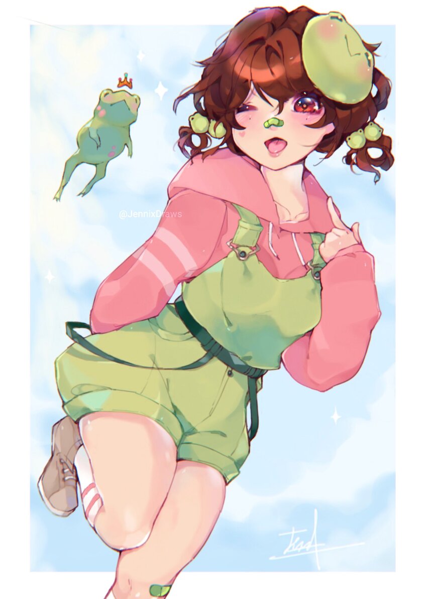 1girl, bandaid, bandaid_on_face, bandaid_on_knee, bandaid_on_leg, bandaid_on_nose, bethy, blue_sky, blush, border, borrowed_character, brown_eyes, brown_hair, brown_shoes, cloud, cloudy_sky, collarbone, commentary, crown, english_commentary, foot_out_of_frame, frog, frog_hair_ornament, frog_mask, green_overalls, hair_between_eyes, hair_ornament, heart_on_cheek, highres, hood, hood_down, hoodie, index_finger_raised, indie_virtual_youtuber, jennixdraws, looking_at_viewer, mark_under_both_eyes, mask, mask_on_head, medium_hair, mini_crown, one_eye_closed, open_mouth, outside_border, overalls, pink_hoodie, pointing, pointing_at_self, shoes, short_twintails, signature, sky, socks, solo, tomboy, tongue, twintails, twitter_username, virtual_youtuber, watermark, white_border, white_socks