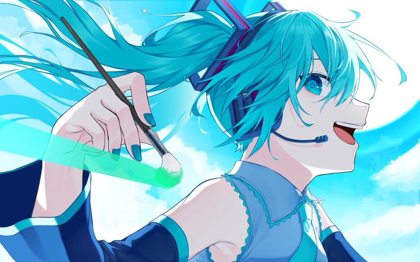 1girl, :d, absurdres, blue_eyes, blue_hair, blue_nails, blue_necktie, blue_sleeves