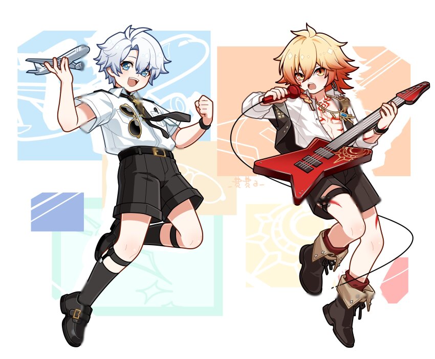 2boys, absurdres, aged_down, alternate_costume, ankle_boots, antenna_hair, belt, black_belt