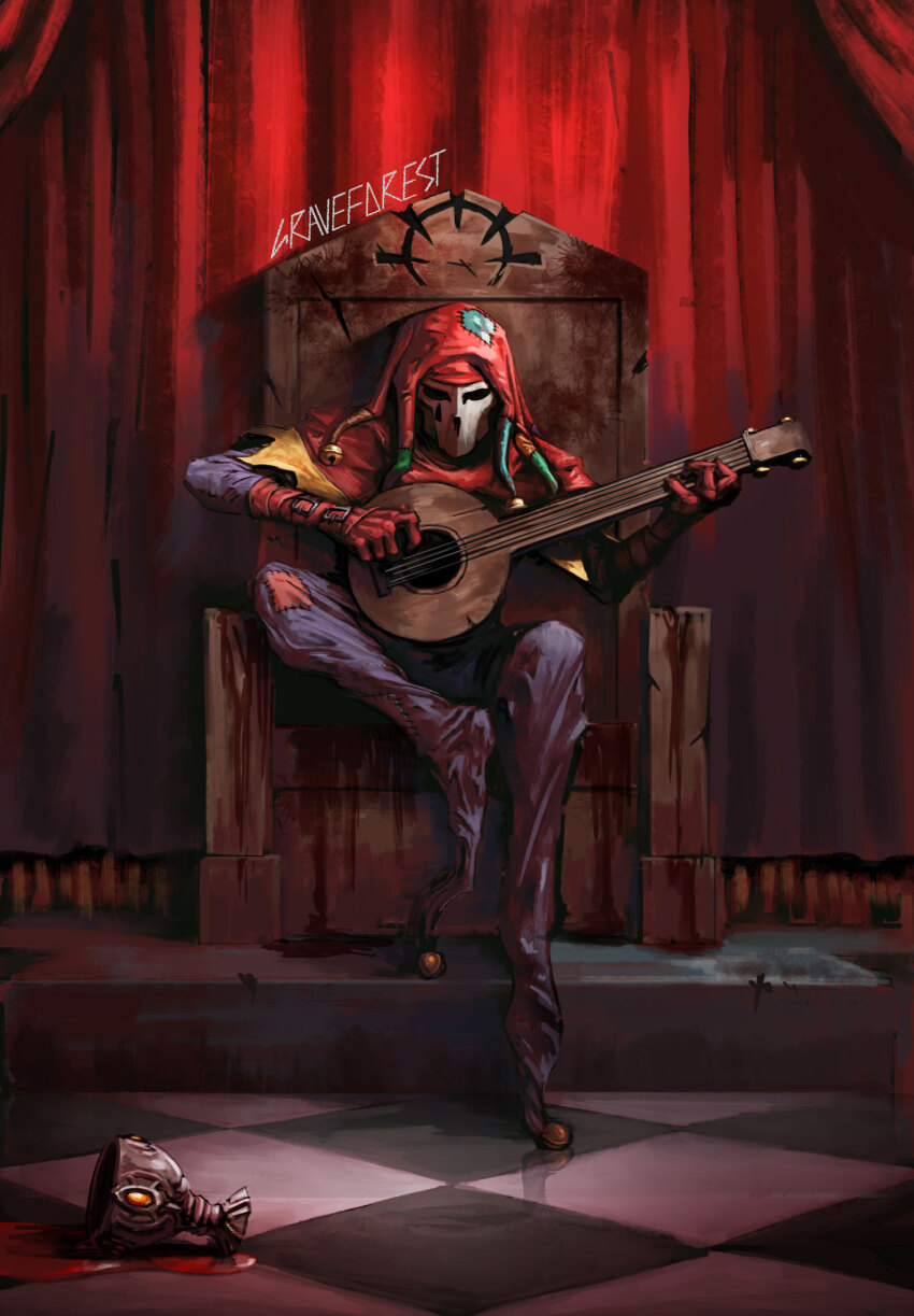 artist_name, bell, chair, commentary, cup, darkest_dungeon, gloves, graveforest