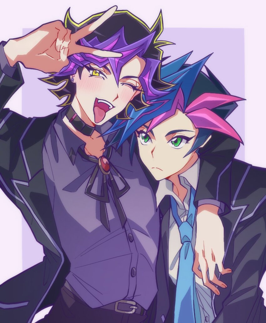 2boys, ai_(yu-gi-oh!), alternate_form, arm_around_shoulder, arm_up, black_choker, black_hair, black_jacket, black_ribbon, blazer, blue_necktie, border, choker, colored_bangs, dress_shirt, facing_another, facing_to_the_side, fujiki_yusaku, green_eyes, hayokillme, highres, jacket, leaning_on_person, looking_at_another, looking_at_viewer, loose_necktie, male_focus, multiple_boys, necktie, one_eye_closed, open_clothes, open_jacket, open_mouth, purple_background, purple_shirt, ribbon, shirt, shirt_tucked_in, spiked_hair, tongue, tongue_out, upper_body, v, white_border, white_shirt, yellow_eyes, yu-gi-oh!, yu-gi-oh!_vrains