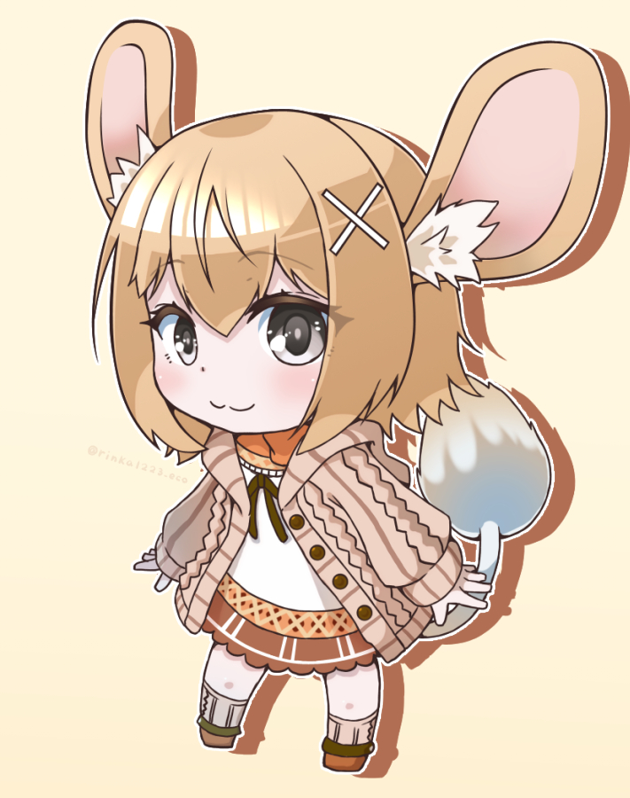 1girl, animal_ears, black_eyes, blonde_hair, brown_jacket, brown_skirt, chibi, emil_chronicle_online