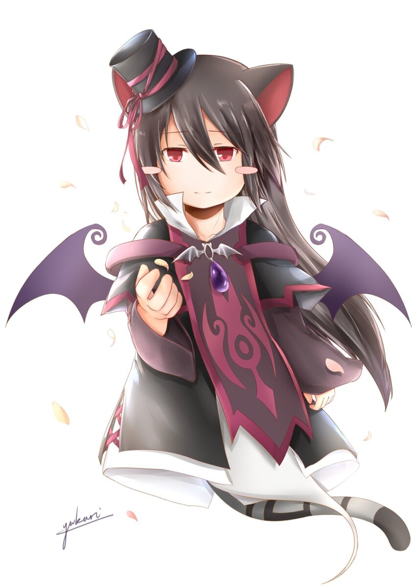 1girl, animal_ears, artist_name, bat_wings, black_dress, black_hair, black_hat, blush_stickers
