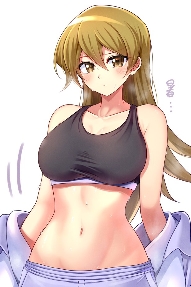 1girl, blush, breasts, brown_eyes, brown_hair, collarbone, kanemitsu411, large_breasts, long_hair, looking_at_viewer, navel, simple_background, solo, sports_bra, tenjouin_asuka, white_background, yu-gi-oh!, yu-gi-oh!_gx