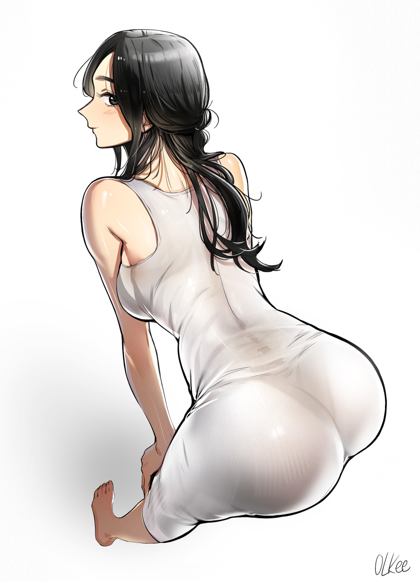 1girl, absurdres, artist_name, ass, barefoot, beautiful_gunbari, bent_over, black_eyes