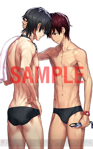 2boys, abs, ass, back, black_hair, black_male_underwear, blue-framed_eyewear, briefs, dengeki_online, dimples_of_venus, forehead-to-forehead, from_behind, fukuda_tomonori, glasses, hair_down, hand_on_own_hip, heads_together, hidaka_subaru, holding, holding_removed_eyewear, male_focus, male_swimwear, male_underwear, median_furrow, multiple_boys, muscular, muscular_male, navel, official_art, red_eyes, red_hair, robotics;notes, sample_watermark, science_adventure, short_hair, simple_background, stomach, toned, topless_male, underwear, unworn_eyewear, watermark, white_background, yashio_kaito