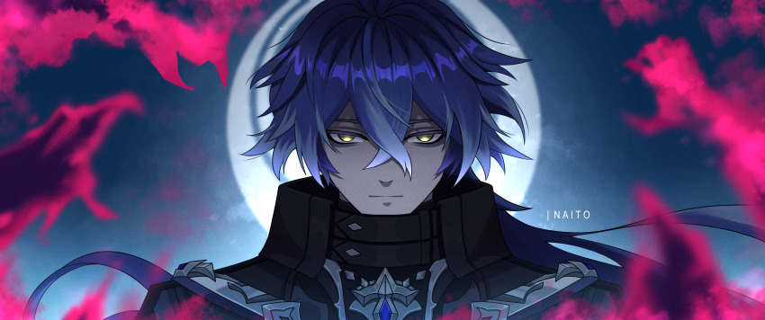 1boy, absurdres, artist_name, bags_under_eyes, black_coat, blue_gem, chest_jewel, coat