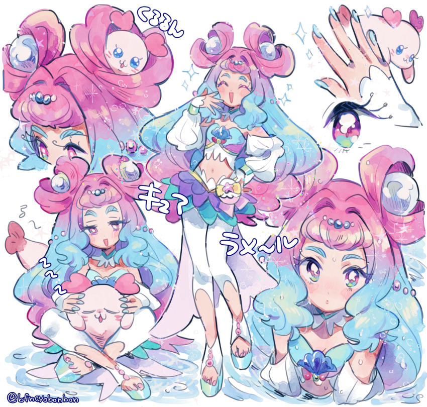 1girl, blue_hair, crop_top, cure_la_mer, detached_sleeves, gradient_eyes, gradient_hair, hair_intakes