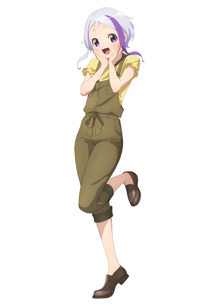 1girl, acieth_alla, anime_coloring, blush, frilled_shirt, frills, full_body, green_overalls, hands_on_own_chin, hataraku_maou-sama!, highres, iino_takehiro, leg_up, loafers, looking_at_viewer, official_art, open_mouth, overalls, shirt, shoes, short_eyebrows, short_hair, short_sleeves, simple_background, smile, solo, standing, standing_on_one_leg, tareme, transparent_background, yellow_shirt