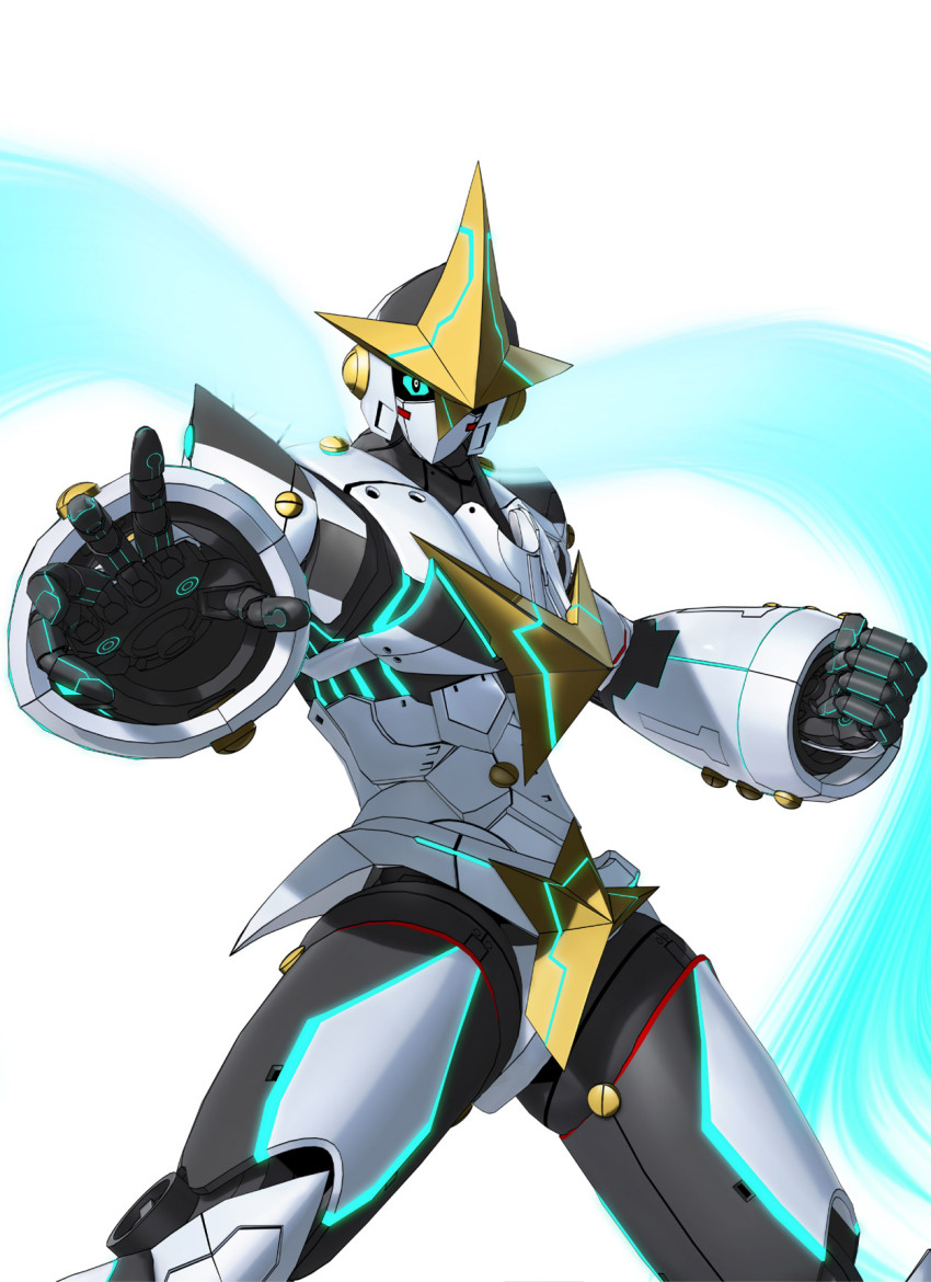 3d, aqua_eyes, aqua_sclera, armor, aura, black_armor, blue_aura, clenched_hand, colored_sclera, dynamic_pose, fukuda_tomonori, full_body, gauntlets, glowing, glowing_eye, glowing_lines, gold_trim, gunvarrel, helmet, highres, kidou_battle_gunvarrel, mecha, mecha_focus, mechanical_hands, no_humans, non-web_source, official_art, open_hand, outstretched_arm, reaching, reaching_towards_viewer, robot, robotics;notes, science_adventure, science_fiction, simple_background, solo, standing, v-fin, white_armor, white_background