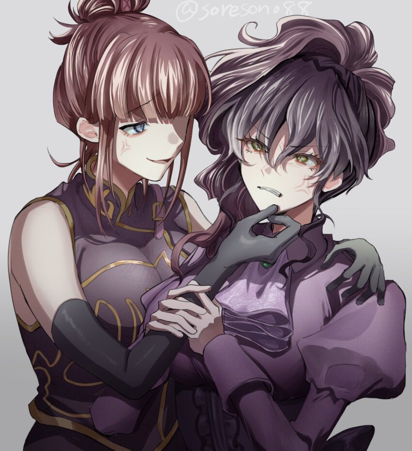 2girls, anger_vein, artist_name, ascot, black_hair, breasts, brown_hair, commentary_request