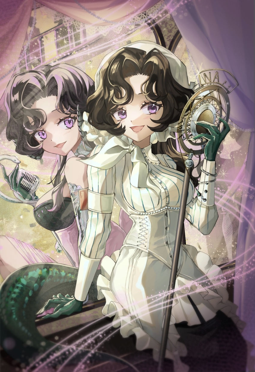 2girls, :d, anjo_nala, bare_shoulders, black_hair, black_skirt, breasts, coif