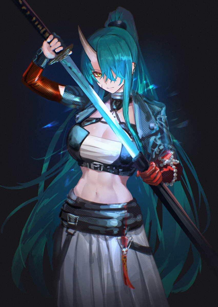1girl, absurdres, alternate_costume, alternate_hairstyle, arknights, breasts, cleavage, closed_mouth, commentary_request, crop_top, dark_background, drawing_sword, green_eyes, green_hair, hair_over_one_eye, high_ponytail, highres, holding, holding_sheath, holding_sword, holding_weapon, horns, hoshiguma_(arknights), hoshiguma_the_breacher_(arknights), katana, large_breasts, long_hair, looking_at_viewer, midriff, muscular, muscular_female, navel, ponytail, scabbard, scar, scar_on_face, sheath, single_horn, skin-covered_horns, skirt, solo, sword, unsheathing, uof, very_long_hair, weapon, white_skirt