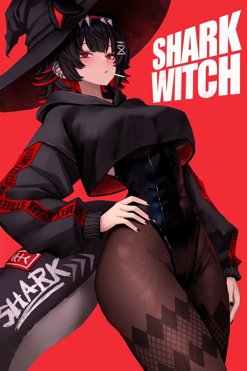 1girl, absurdres, black_hair, black_hat, black_hoodie, black_leotard, black_nails, black_pantyhose